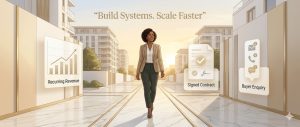 Create a bright luxury minimalist closing visual showing an African property entrepreneur confidently walking through a clean modern residential development during golden sunrise. Include subtle floating visuals of recurring revenue graphs, signed property contracts, and buyer enquiry notifications integrated softly into the environment. Use warm sunlight, white architectural tones, cream gradients, and elegant gold accents. Minimal composition with sophisticated editorial storytelling feel, premium real estate branding aesthetic, highly aspirational and professional atmosphere, ultra clean commercial illustration style, 21:9 ultra wide aspect ratio, ultra high resolution. Minimal text only: “Build Systems. Scale Faster"