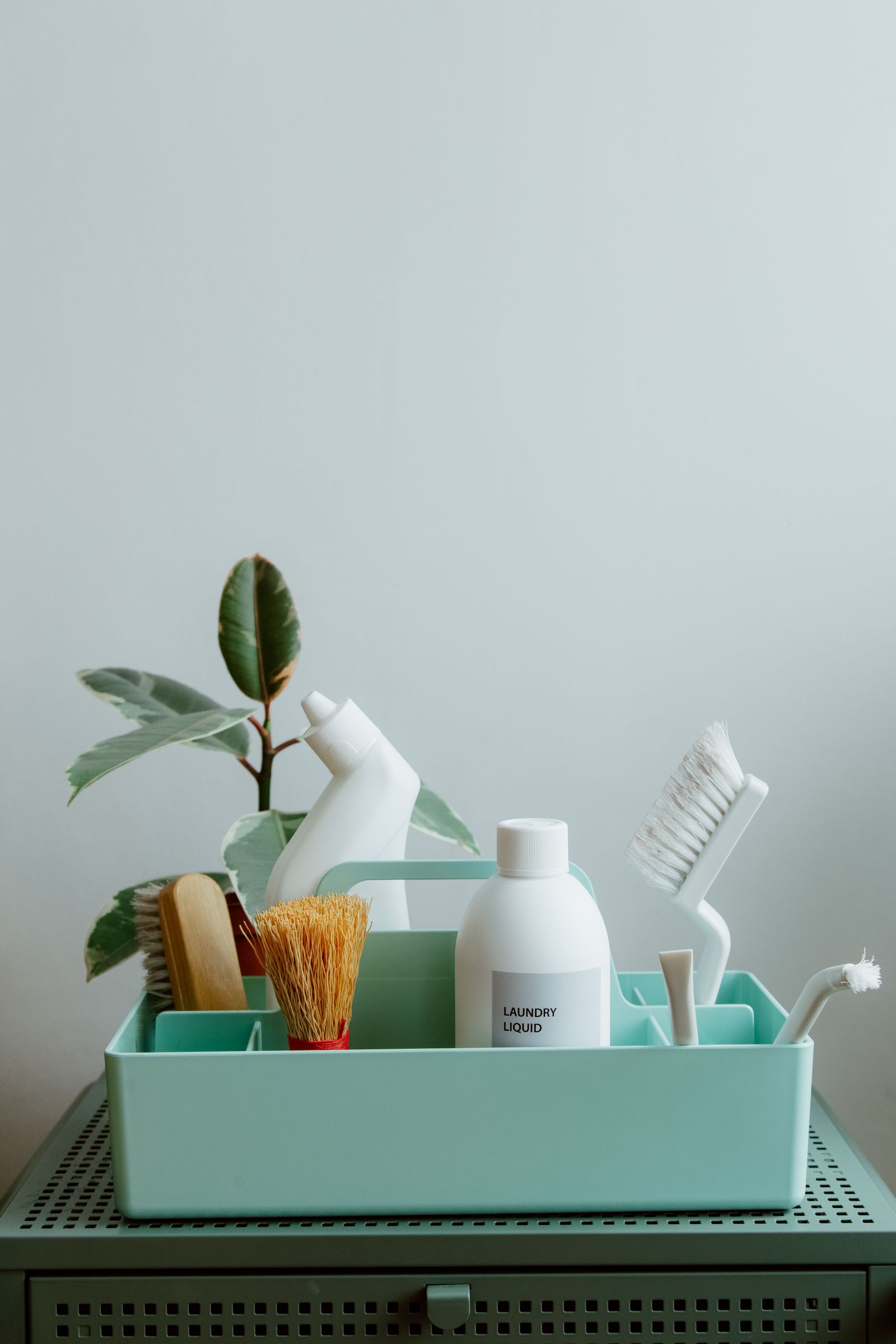 Cleaning bottles, brushes and a cloth in a green organiser
