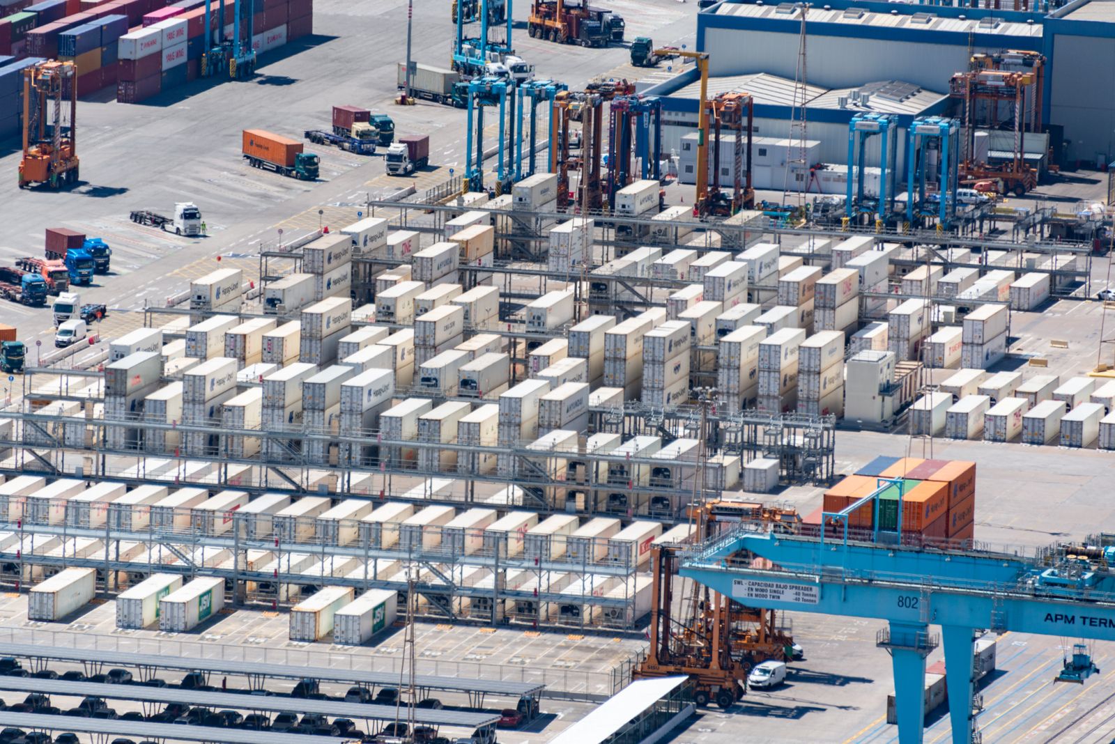Shipping containers and handling equipment at a freight terminal